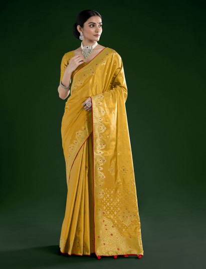 Yellow tissue silk saree with zari shine