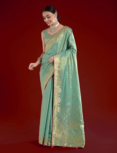 Mint blue zari worked tissue silk saree for festival