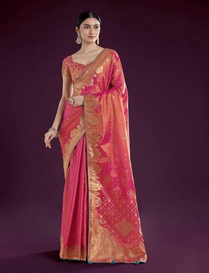 Red wedding wear tissue silk saree with golden zari shine