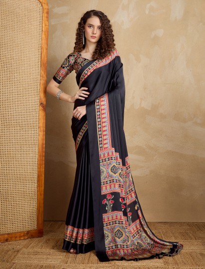 Black printed satin saree for party wear