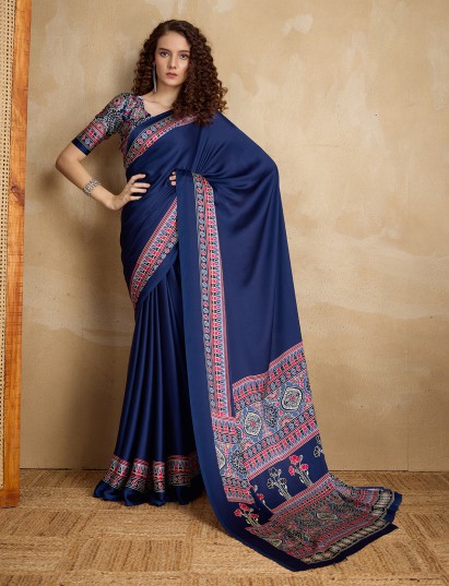 Blue ajrakh printed satin saree with broad border