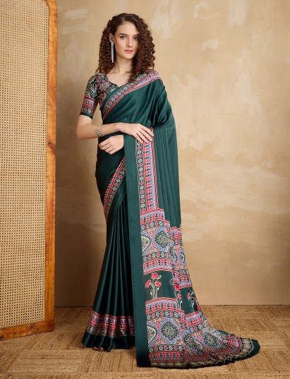 Dark green ajrakh printed satin saree