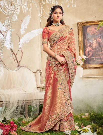 Peach viscose silk saree for reception wear