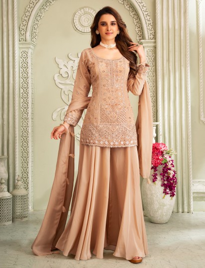 Beige pakistani georgette palazzo suit with aabla work for wedding wear