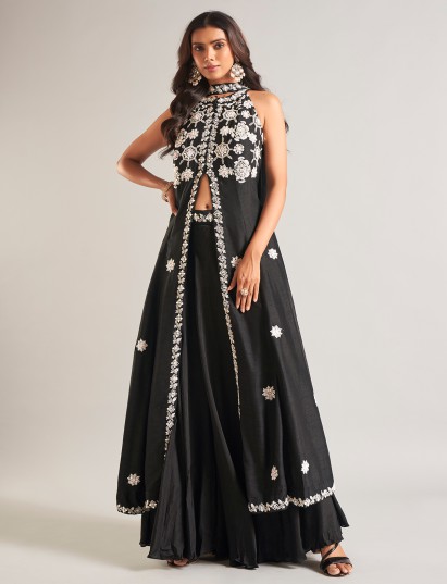 Black raw silk lehenga salwar suit for women