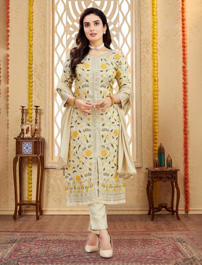 Cream silk salwar suit with zari and embellishments for women