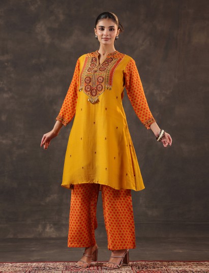 Mustard yellow chanderi silk printed yoke style kurti set