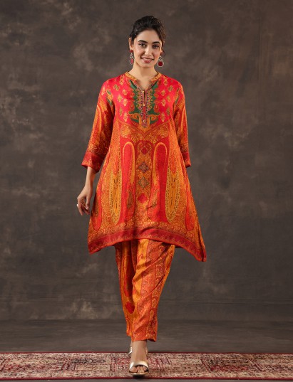 Red dola silk printed A line traditional kurti set