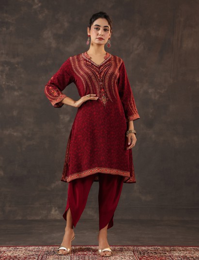 Maroon viscose crepe printed kurti set with embellishments