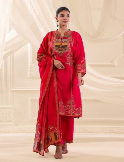 Magenta russian silk printed yoke style kurti set