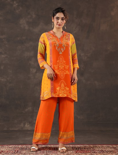 Orange viscose crepe printed palazzo set with mirror