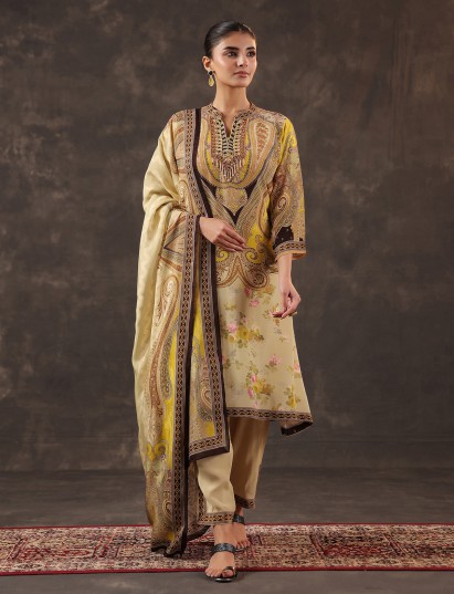 Beige viscose crepe printed kurti set with dupatta