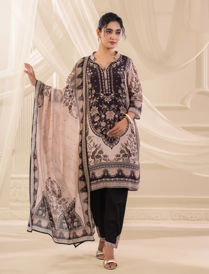 Black viscose crepe printed kurti set with dupatta