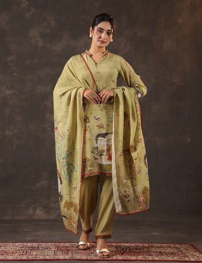 Light olive viscose crepe printed kurti set with dupatta