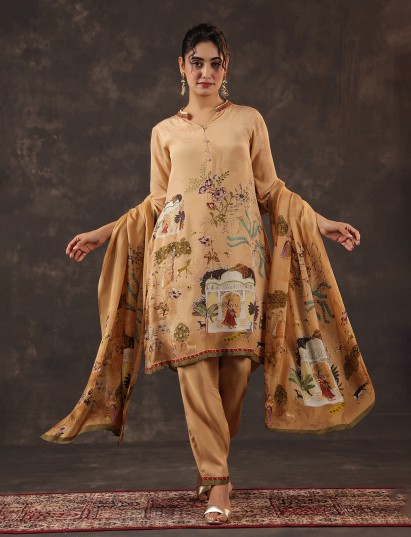 Beige viscose crepe printed kurti set with zardosi