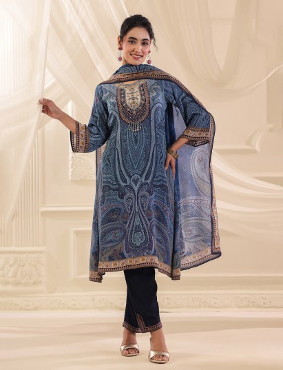 Blue viscose crepe printed yoke style kurti set