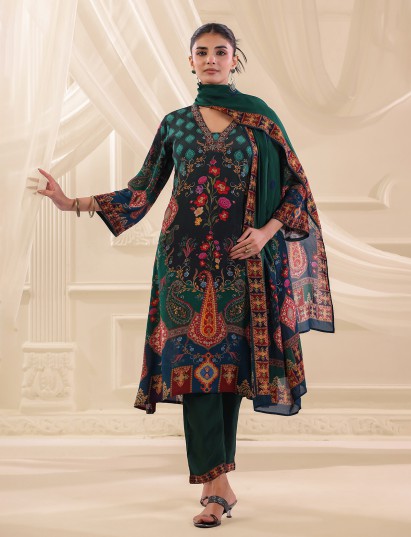 Bottle green viscose crepe printed kurti set
