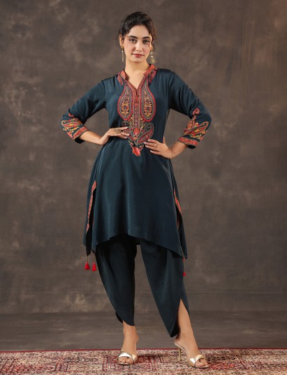 Rama blue viscose crepe printed kurti dhoti set