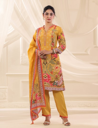 Yellow viscose crepe printed kurti set for festive