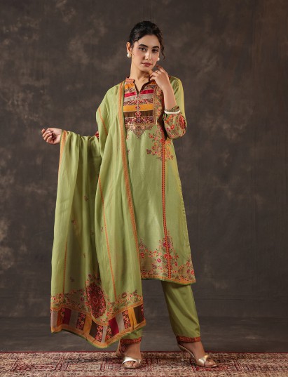Pista green russian silk printed yoke style kurti set