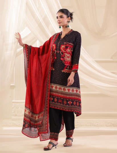 Black russian silk printed kurti set with dupatta