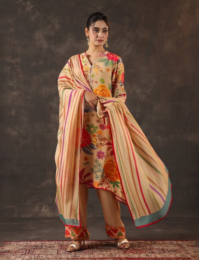 Cream viscose crepe printed kurti set with dupatta for women