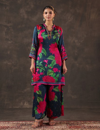 Blue modal satin floral printed kurti set
