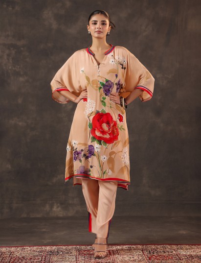 Cream viscose crepe floral printed designer kurti set