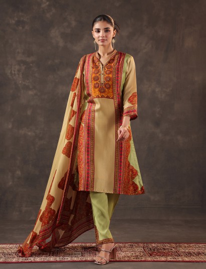Light green russian silk printed yoke style kurti set