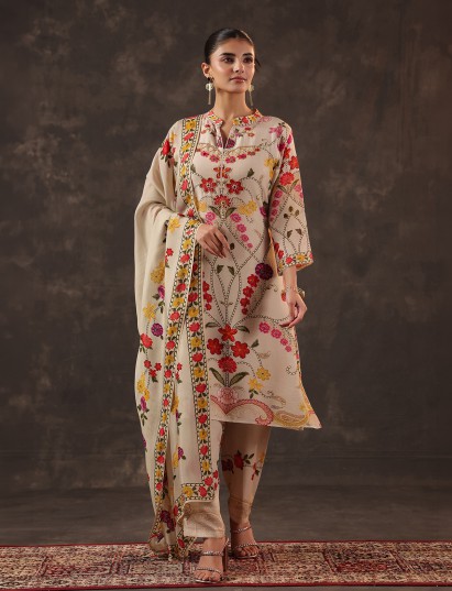 Beige russian silk floral printed kurti set with dupatta