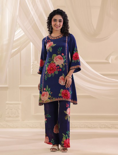 Blue viscose crepe printed kurti palazzo festive set