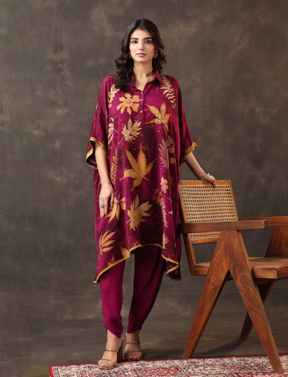 Wine viscose crepe printed kurti dhoti festive set