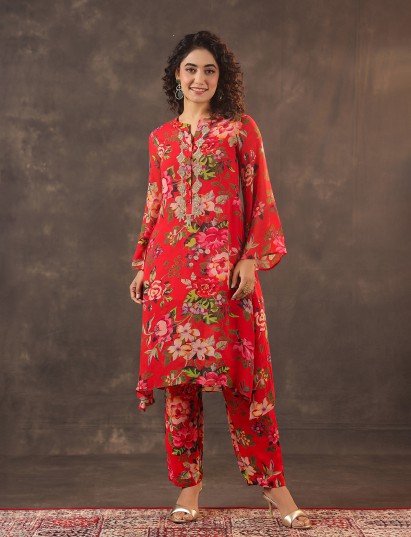 Red viscose georgette floral printed kurti set