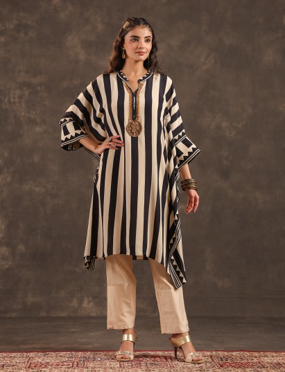 Beige black viscose crepe striped kaftan style kurti set
