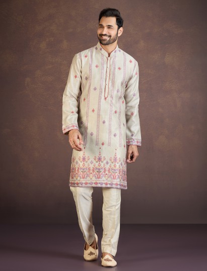 Purple crepe silk paisley embroidered festive kurta suit