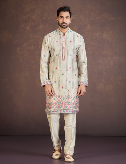 Grey and firozi paisley embroidered crepe silk festive kurta pyjama