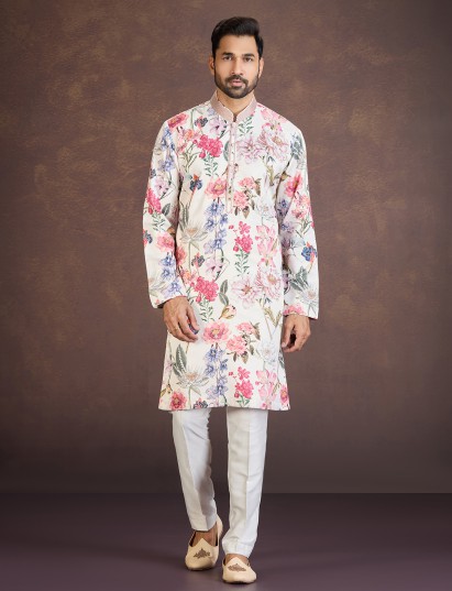 Cream floral printed cotton silk kurta pyjama