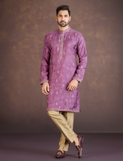 Purple cotton silk kurta suit with traditional motif embroidery