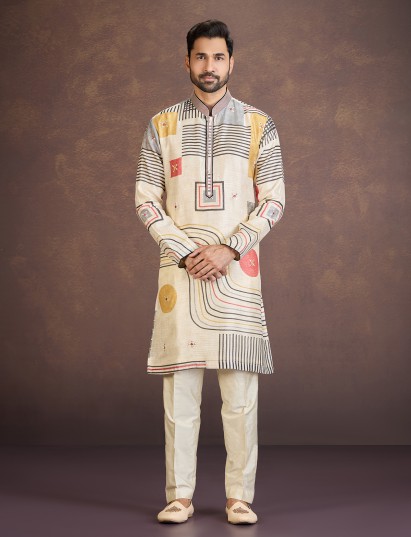 Beige geometric printed cotton linen festive kurta pyjama