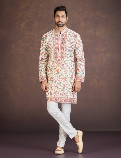 Cream silk embroidered floral bird motif kurta pyjama