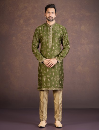 Green cotton silk kurta suit with traditional motif embroidery for men