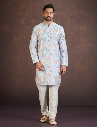 Aqua blue jacquard digital printed embroidered kurta suit