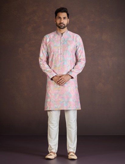 Light pink jacquard digital printed embroidered kurta suit for wedding wear