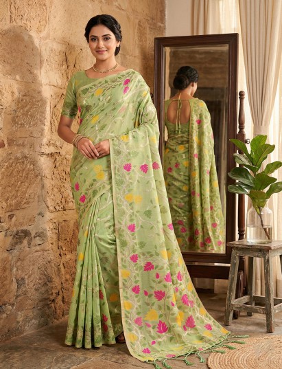 Pista green festive wear saree in cotton linen