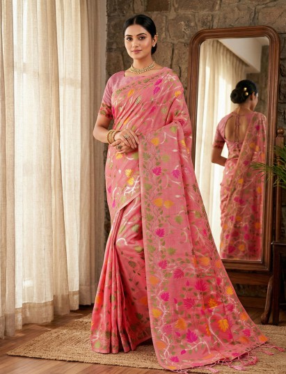 Peach cotton linen saree with zari work