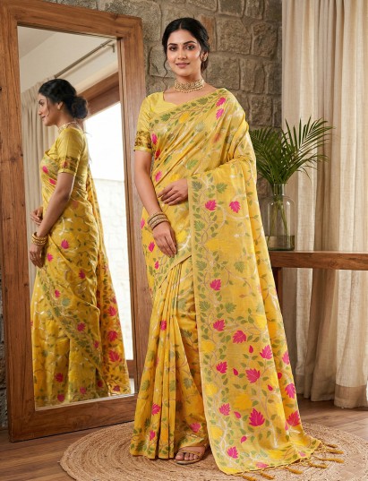 Yellow cotton linen saree with bold motifs