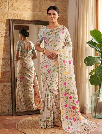 White cotton linen saree with bold motifs