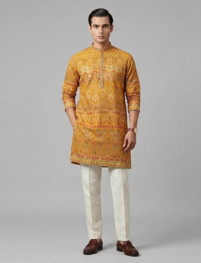 Yellow cotton silk printed festive kurta suit