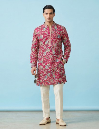 Rani pink silk festive kurta suit with print