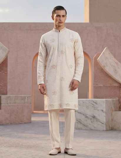 White georgette festive kurta suit with thread embroidery